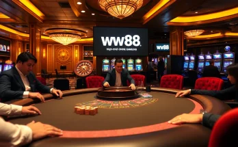 WW88 logo featured in an exciting casino scene with poker chips and roulette wheel.