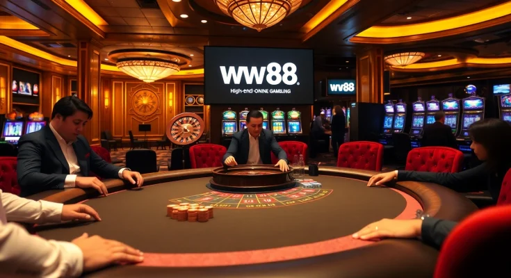 WW88 logo featured in an exciting casino scene with poker chips and roulette wheel.