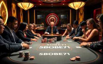 Players enjoying SBOBET91 on a stylish poker table with chips and cards.