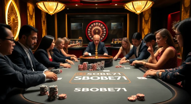 Players enjoying SBOBET91 on a stylish poker table with chips and cards.