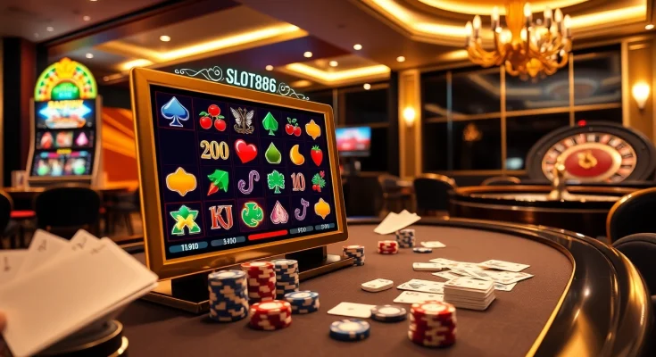 A gambler enjoying the exciting atmosphere at SLOT888, featuring vibrant slot machines and dynamic gameplay.