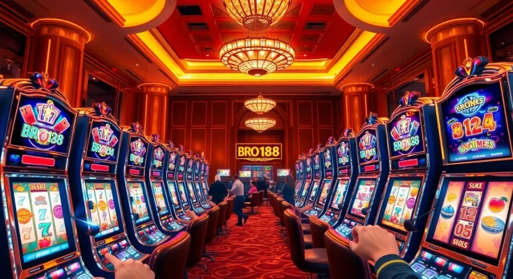 Excited players enjoying the BRO138 slot machines in a stylish casino atmosphere.
