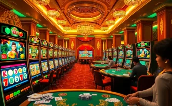 Engage in the thrilling Slot Mahjong experience with colorful machines in a luxurious casino setting.