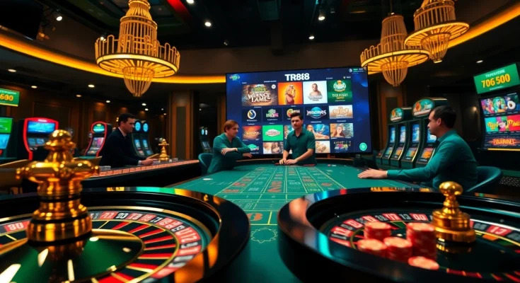 Engaging players at TR88 casino tables with vibrant chips and roulette wheels, showcasing excitement.