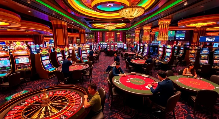 Experience thrilling gaming at DH88 with poker chips, roulette tables, and vibrant slot machines.