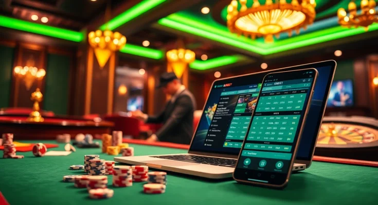 Engaging in SBOBET link login action with poker chips and online betting interface.