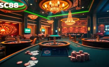 Immerse yourself in the excitement of Trang chủ cá cược SC88, featuring vibrant casino tables and engaging gaming elements.