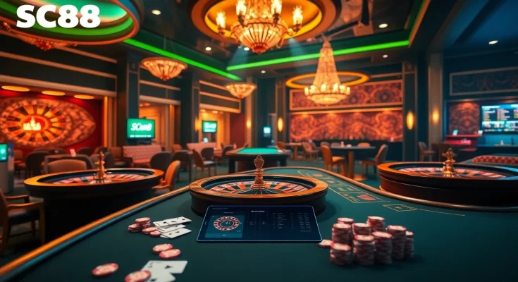 Immerse yourself in the excitement of Trang chủ cá cược SC88, featuring vibrant casino tables and engaging gaming elements.