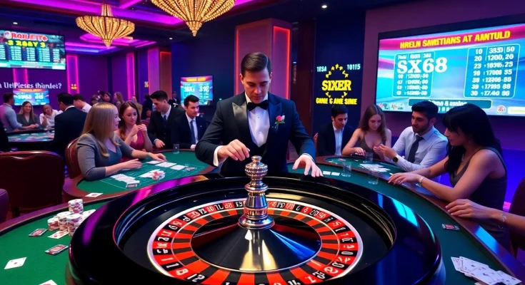 The energetic roulette table scene from https://sx88.gold/, featuring players placing bets in a luxurious casino setting.