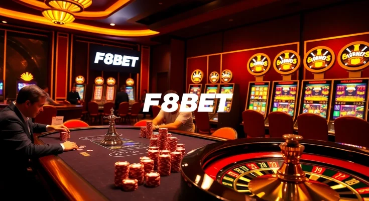 F8BET players strategizing at an elegant poker table with vibrant chips and roulette excitement.