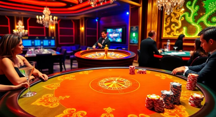 High-stakes poker action at https://mmoo1.de.com/ with vibrant chips, a spinning roulette, and elegant players.