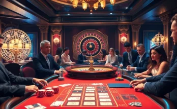 Excited players at a luxury poker table showcasing https://bem88.com in a glamorous casino setting.