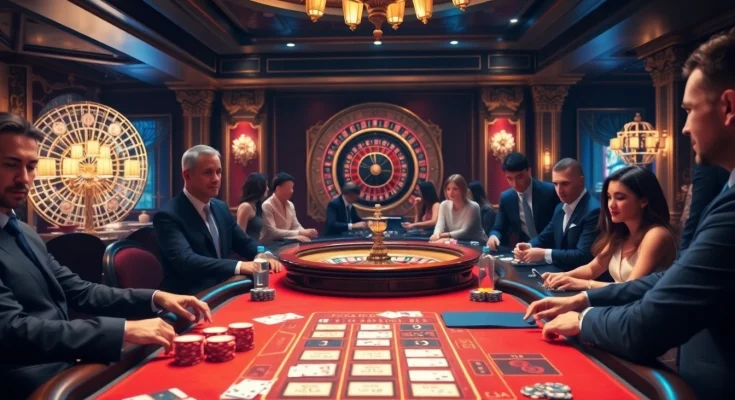 Excited players at a luxury poker table showcasing https://bem88.com in a glamorous casino setting.