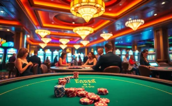 Permainan idnpoker yang seru di kasino dengan meja poker dan pemain yang terlibat.