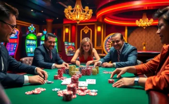 Experience thrilling poker action at i9bet's luxurious casino table, featuring colorful chips and engaged players.