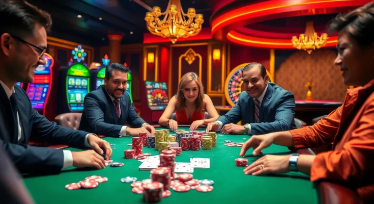 Experience thrilling poker action at i9bet's luxurious casino table, featuring colorful chips and engaged players.