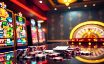 Experience the thrill of winning with slot777 login at a luxurious online casino featuring vibrant slot machines and poker chips.