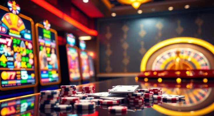 Experience the thrill of winning with slot777 login at a luxurious online casino featuring vibrant slot machines and poker chips.