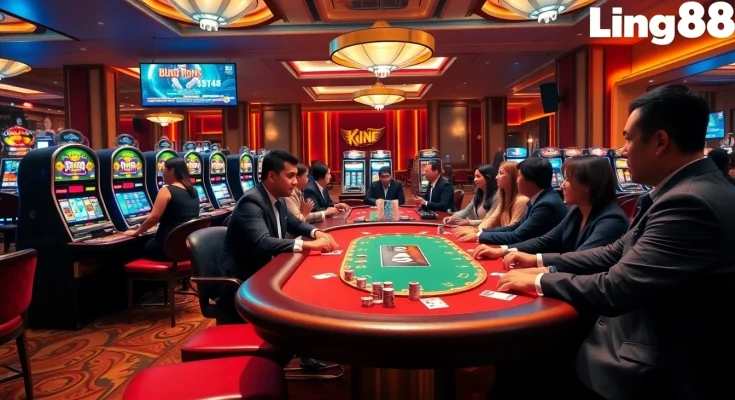 Experience the excitement of King88's vibrant casino scene with players at a poker table.