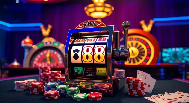 Pemain yang terlibat memutar mesin slot88 di setting kasino mewah yang dipenuhi dengan kegembiraan.