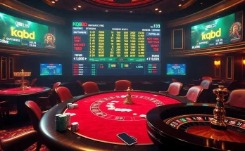 Gamblers engaged at a poker table in a vibrant casino setting, with live kqbd scores displayed.