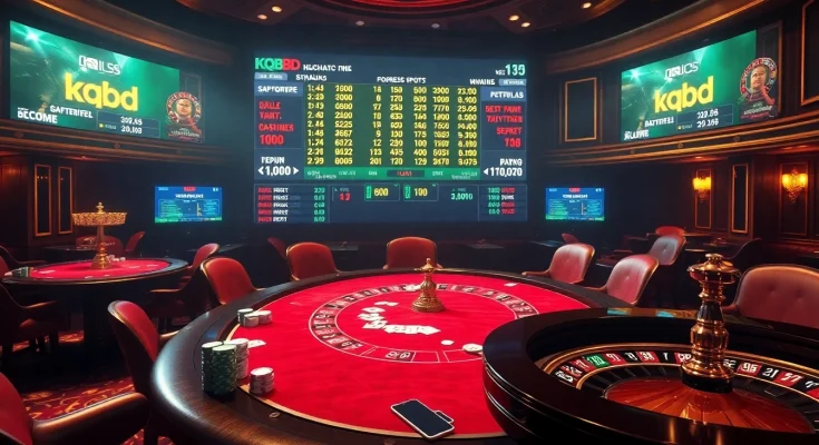 Gamblers engaged at a poker table in a vibrant casino setting, with live kqbd scores displayed.