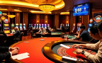 Experience thrilling gameplay with tr88 bet at a luxurious casino table surrounded by vibrant slot machines.