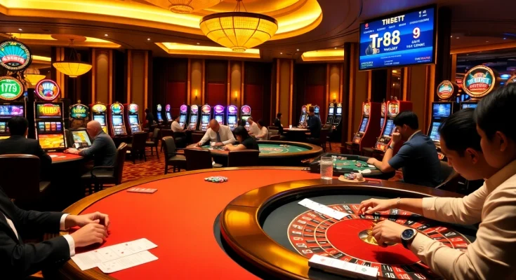 Experience thrilling gameplay with tr88 bet at a luxurious casino table surrounded by vibrant slot machines.