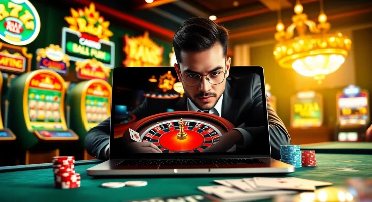 Experience raja luck in an exciting casino scene with vibrant lights, games, and high stakes.