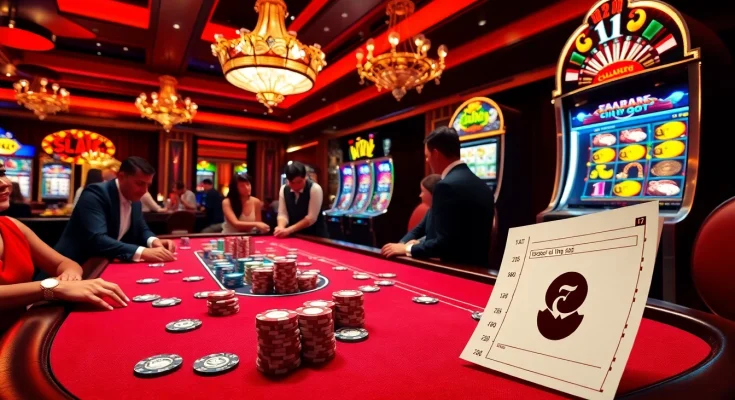 Situs11 daftar engaging poker game with vibrant chips, cards, and slot machines creating an exciting casino atmosphere.