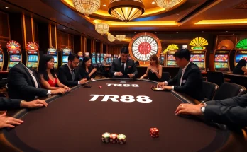 Players enjoying a game at TR88’s luxurious poker table in a vibrant casino atmosphere.