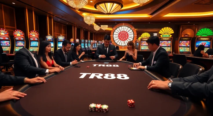 Players enjoying a game at TR88’s luxurious poker table in a vibrant casino atmosphere.