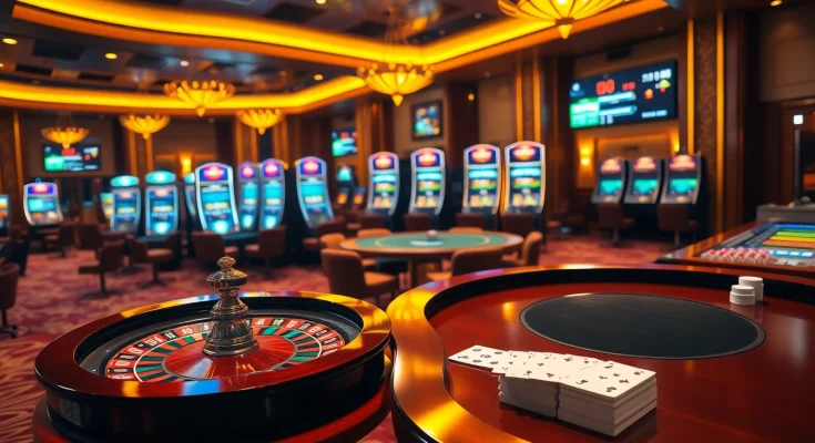 Exciting casino scene showcasing keonhacai5 live betting with roulette, poker cards, and vibrant slot machines.