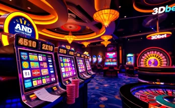 Players engaging in a thrilling game at 3Dbet casino, showcasing vibrant slot machines and poker chips.