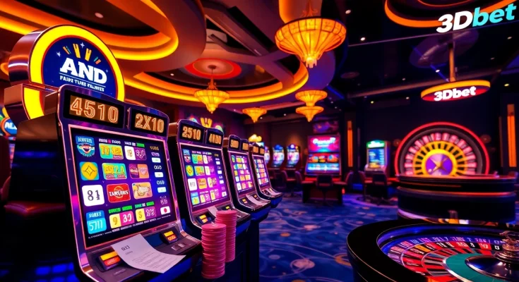 Players engaging in a thrilling game at 3Dbet casino, showcasing vibrant slot machines and poker chips.