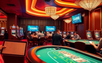 Excited players enjoy games at SA88 casino, showcasing luxurious tables and vibrant slot machines.
