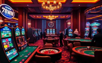 Players enjoying thrilling games at 78WIN Casino, featuring colorful slots and lively poker tables.