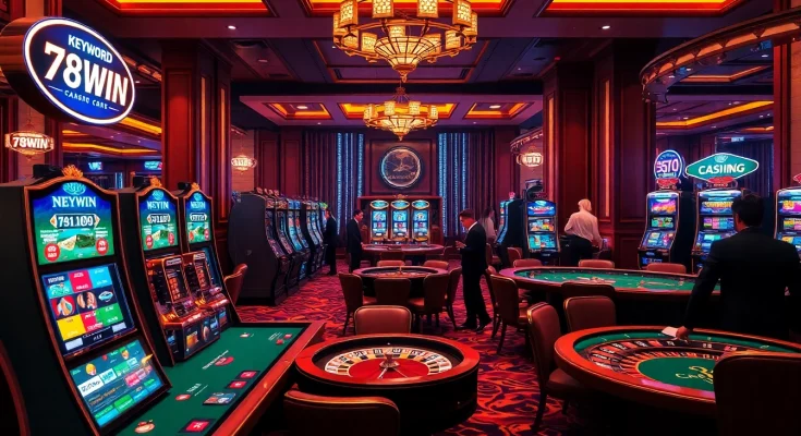 Players enjoying thrilling games at 78WIN Casino, featuring colorful slots and lively poker tables.