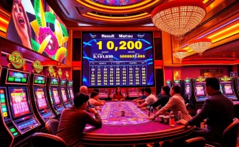 Excited players watching the Result Macau lottery live draw at a luxurious casino.