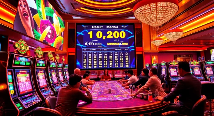 Excited players watching the Result Macau lottery live draw at a luxurious casino.